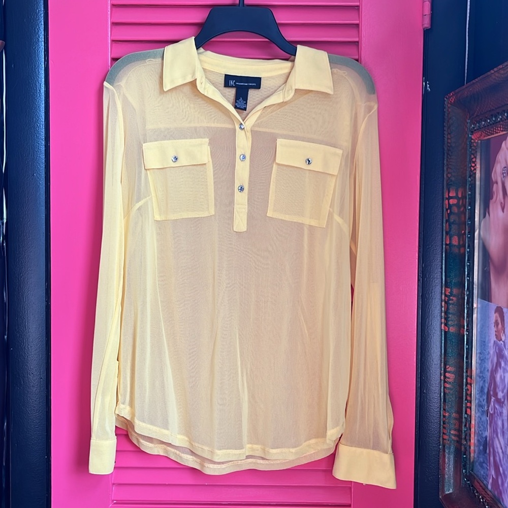 INC international concepts yellow sheer long sleeve blouse top size large